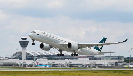 Departing Airbus A350-900 of Cathay Pacific at Munich Airport